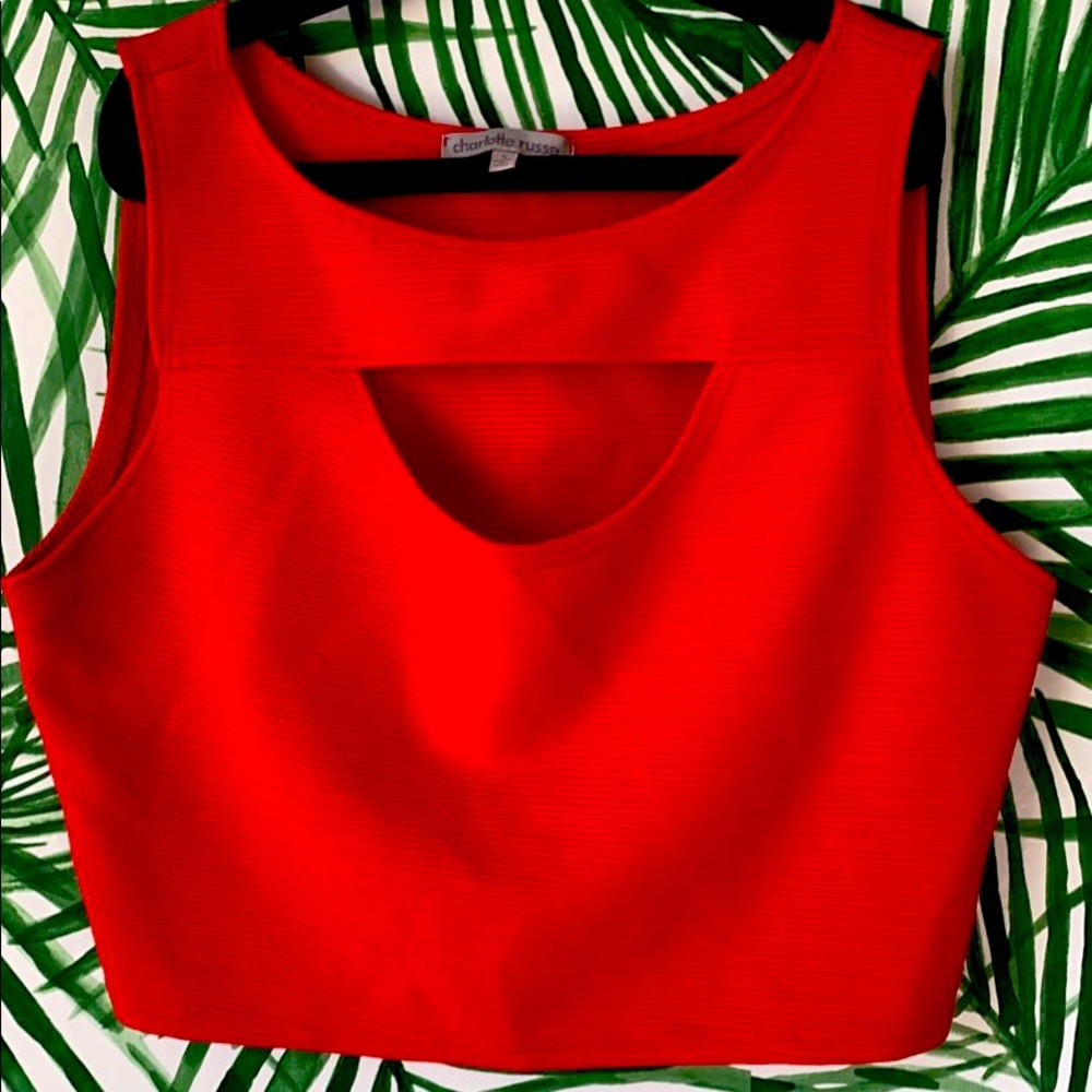 Red sleeveless open chest crop top